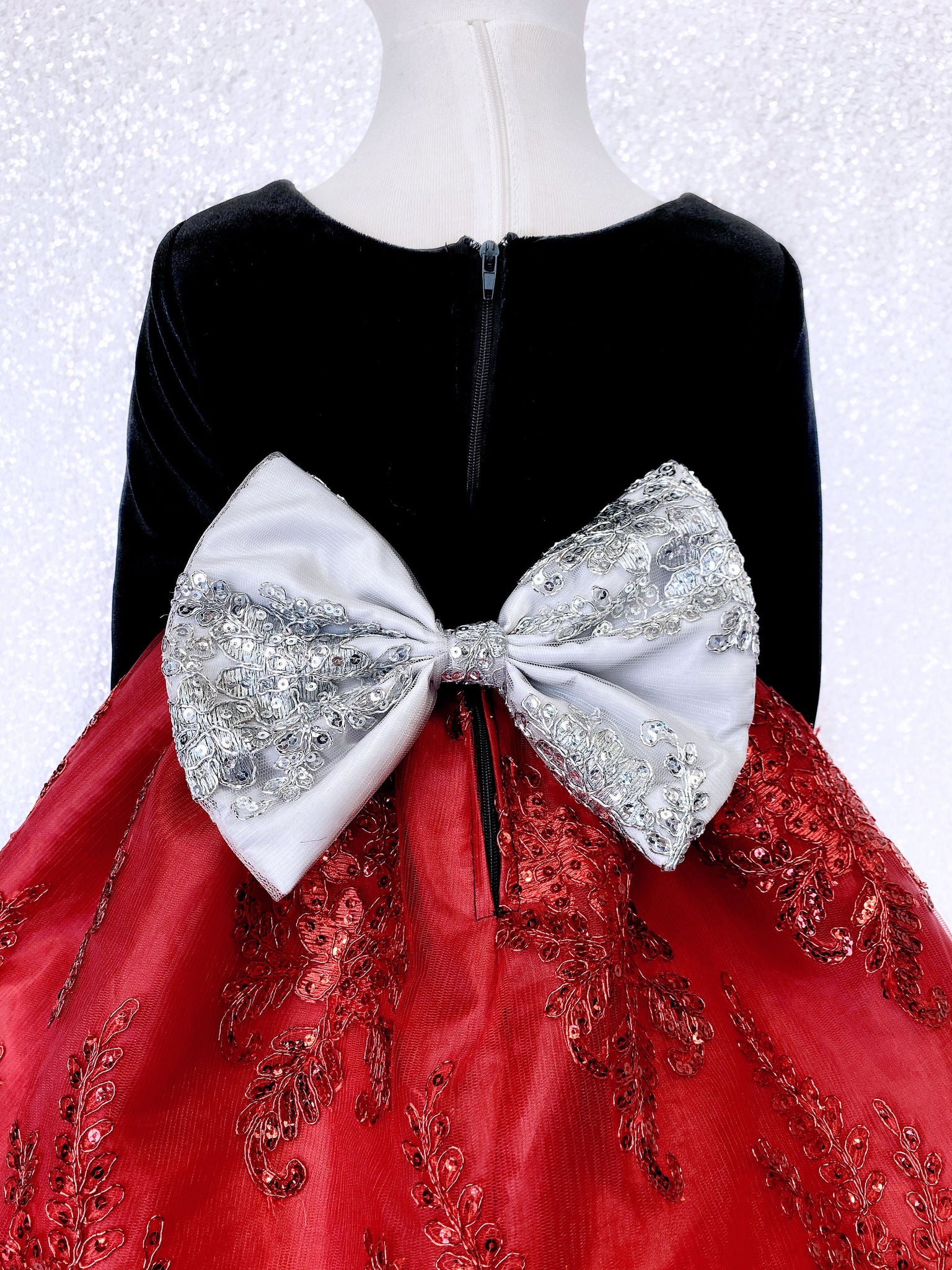 Embroidery Red Black Velvet Long Sleeve Gown Silver Bow