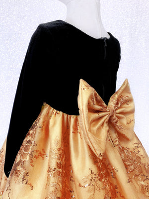 Gold Embroidery Bow Black Velvet Long Sleeve Dress