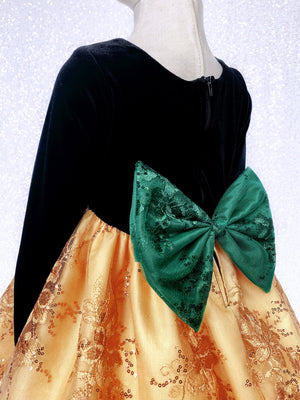 Velvet Black Long Sleeve Gold Embroidery Hunter Green Bow Gown