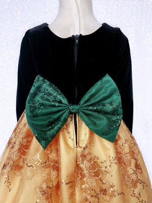 Velvet Black Long Sleeve Gold Embroidery Hunter Green Bow Gown