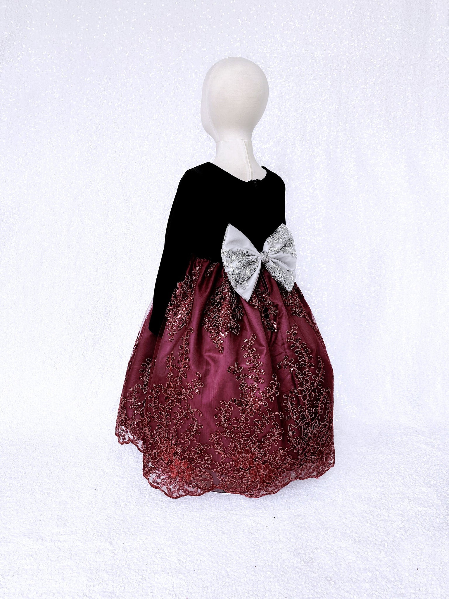 Long Sleeve Black Velvet Burgundy Embroidery Silver Bow Gown