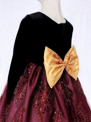 Black Velvet Long Sleeve Burgundy Embroidery Gold Bow Dress