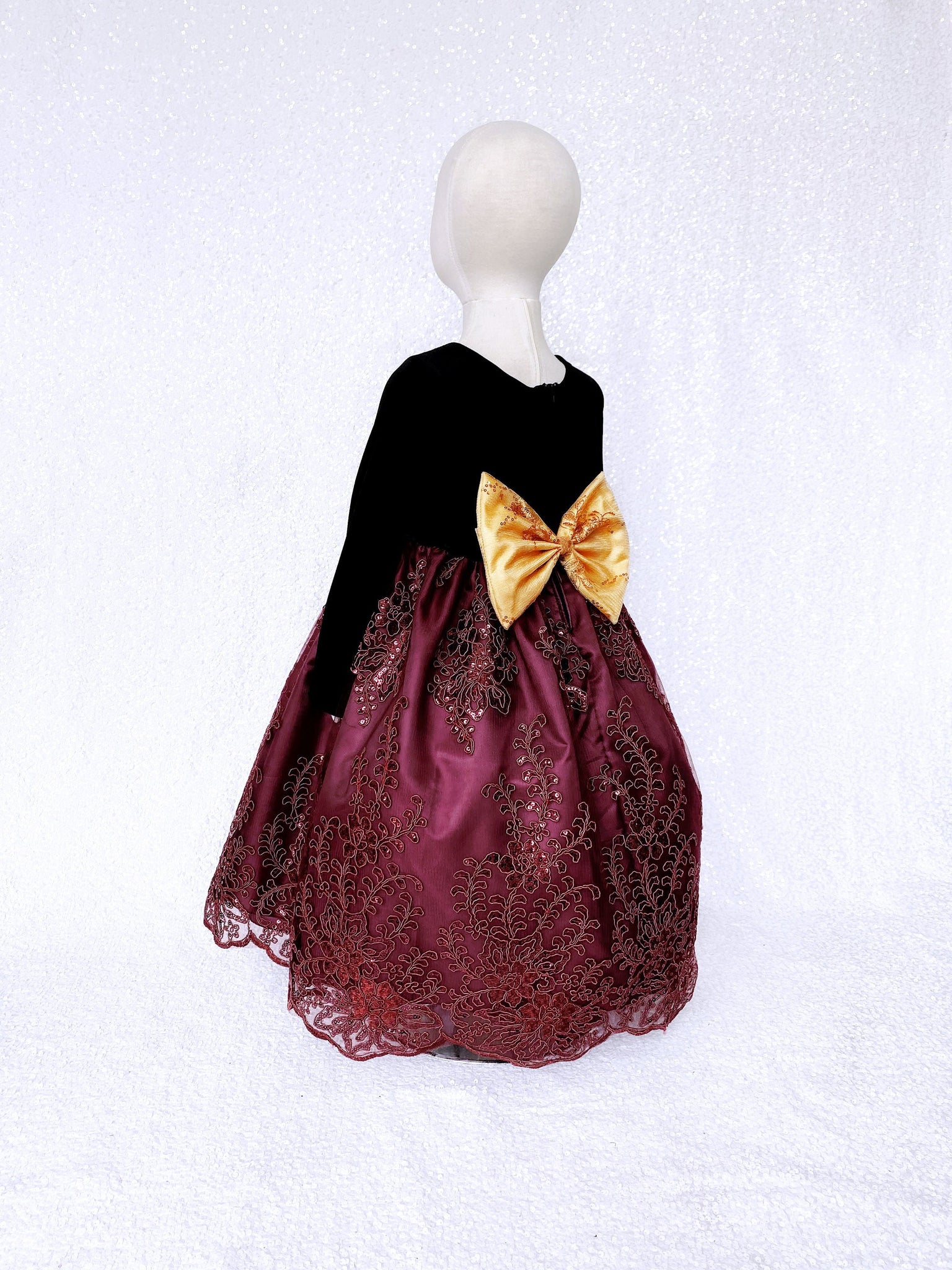 Black Velvet Long Sleeve Burgundy Embroidery Gold Bow Dress