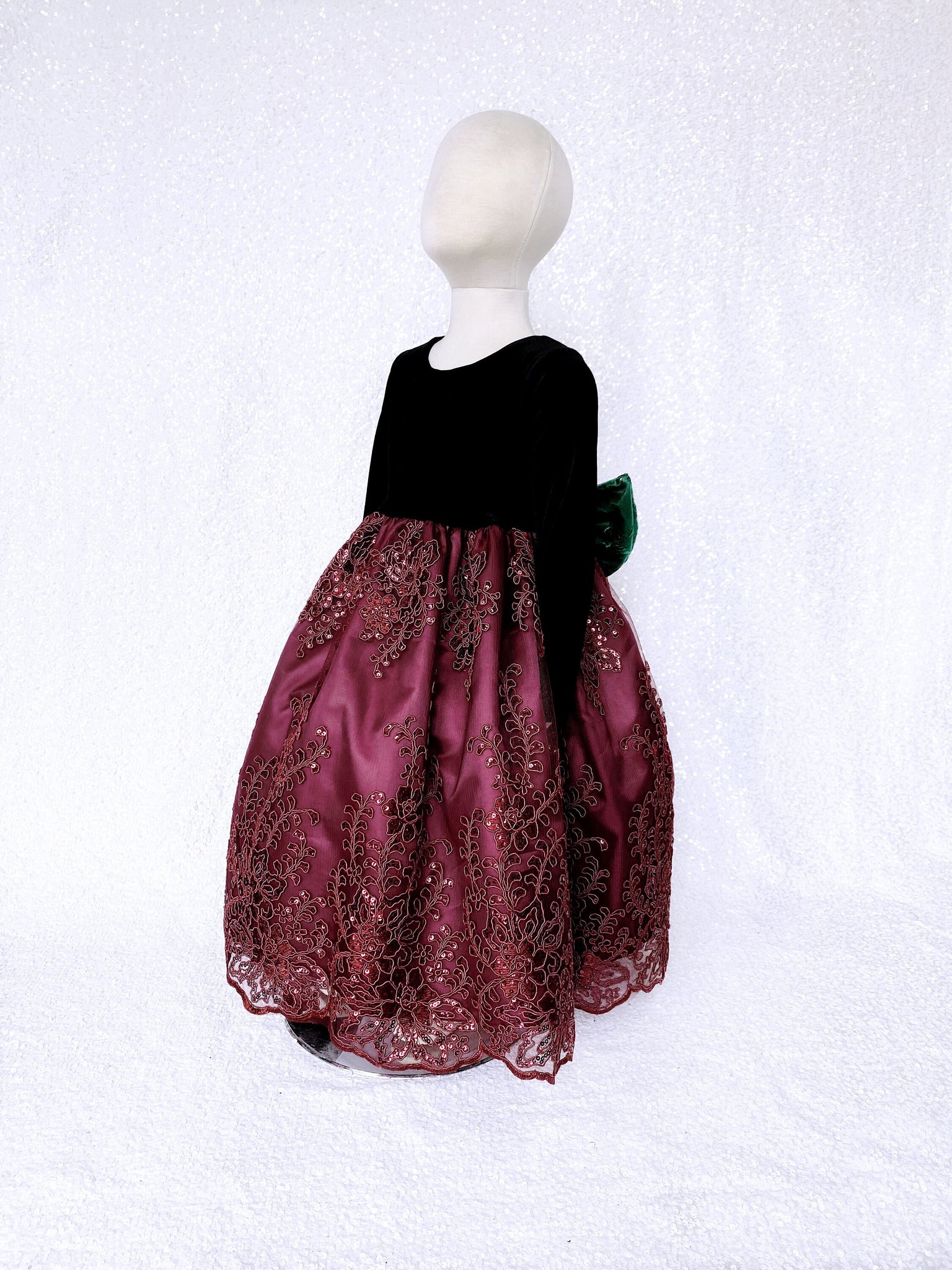 Long Sleeve Black Velvet Burgundy Embroidery Hunter Green Bow Dress