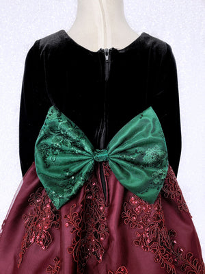 Long Sleeve Black Velvet Burgundy Embroidery Hunter Green Bow Dress