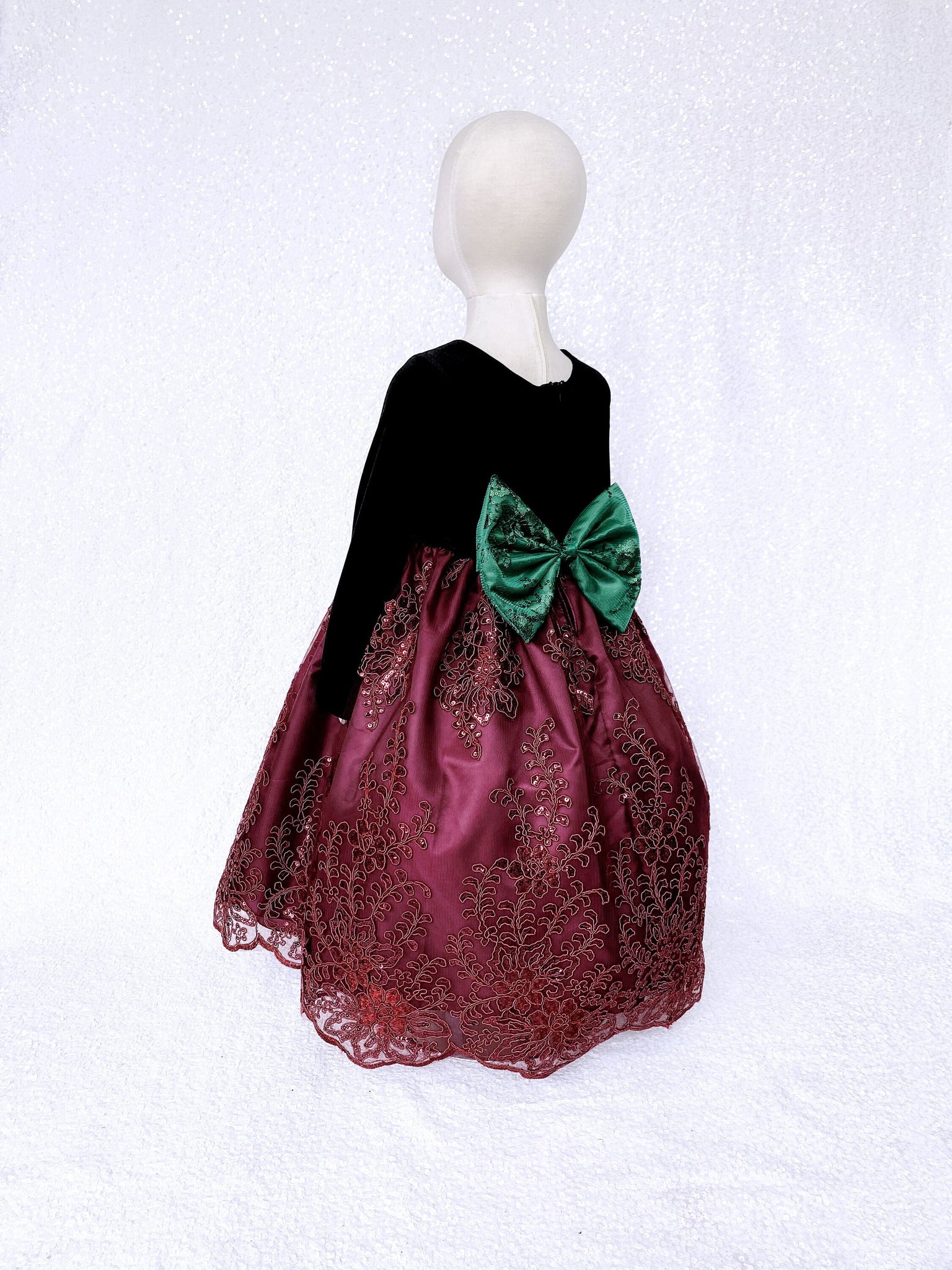 Long Sleeve Black Velvet Burgundy Embroidery Hunter Green Bow Dress