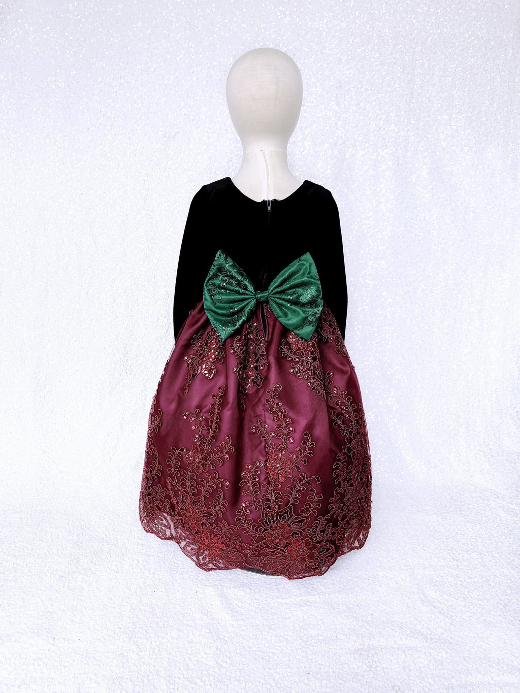 Long Sleeve Black Velvet Burgundy Embroidery Hunter Green Bow Dress