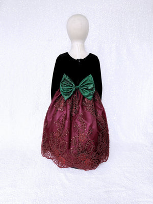 Long Sleeve Black Velvet Burgundy Embroidery Hunter Green Bow Dress