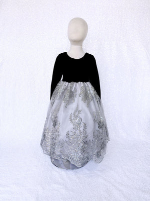 Velvet Black Long Sleeve Silver Gray Embroidery Bow Gown