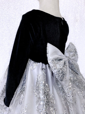 Velvet Black Long Sleeve Silver Gray Embroidery Bow Gown