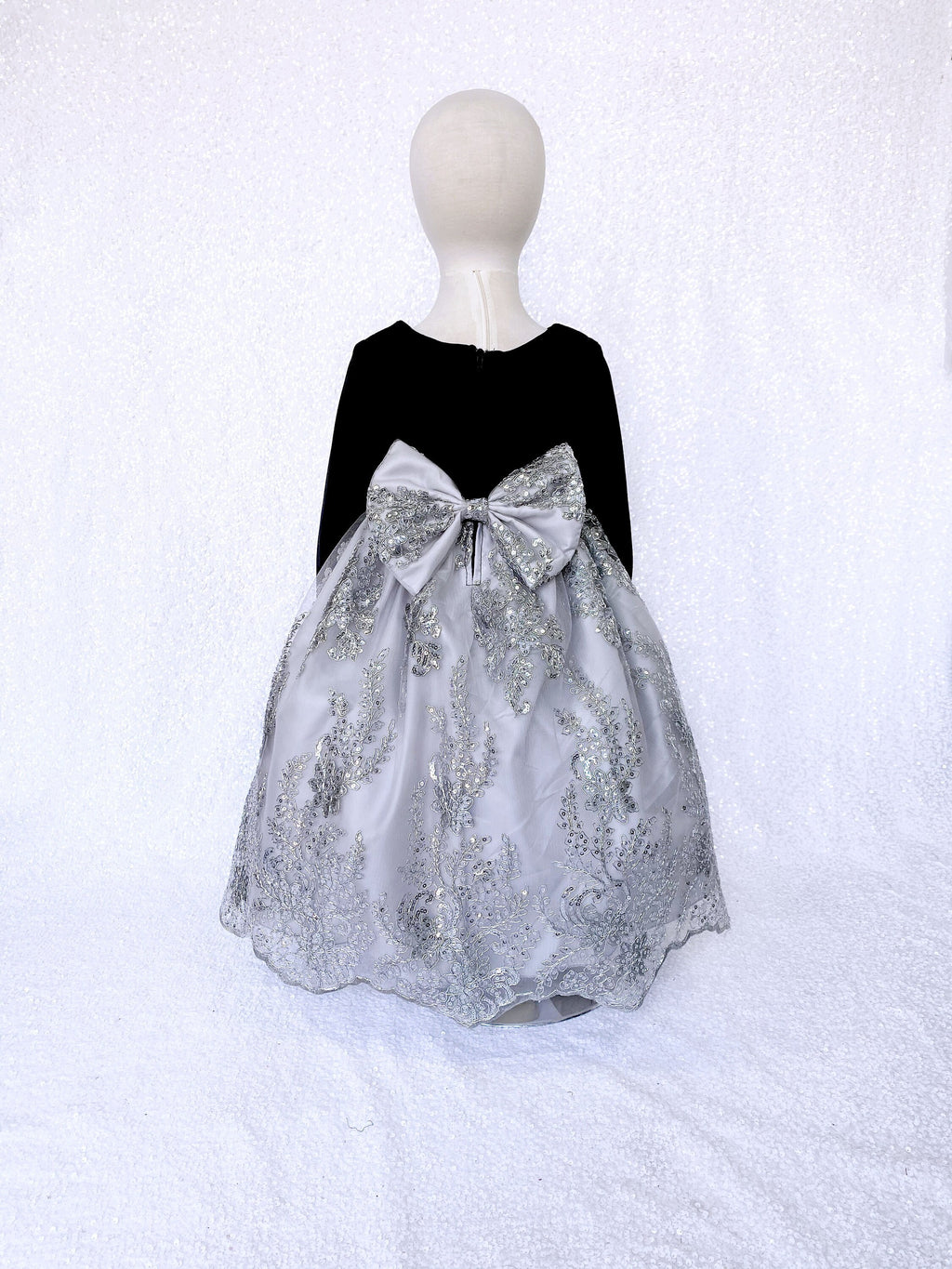 Velvet Black Long Sleeve Silver Gray Embroidery Bow Gown