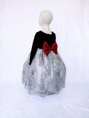 Velvet Black Long Sleeve Silver Embroidery Red Bow Dress