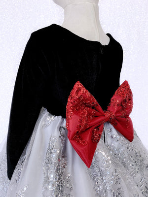 Velvet Black Long Sleeve Silver Embroidery Red Bow Dress