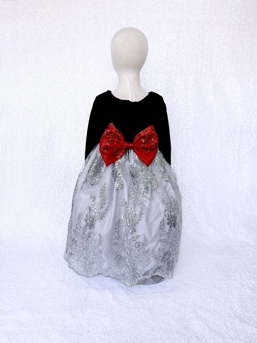 Velvet Black Long Sleeve Silver Embroidery Red Bow Dress