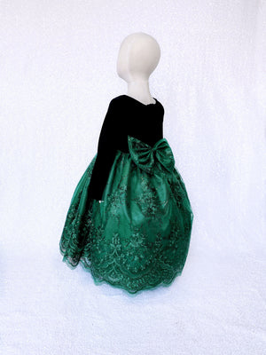 Long Sleeve Black Velvet Hunter Green Embroidery Bow Dress