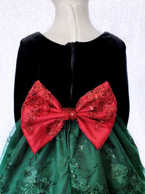 Velvet Long Sleeve Black Embroidery Hunter Green Bow Gown