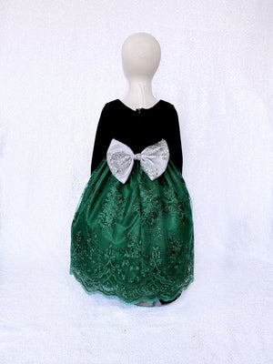 Chic Formal Hunter Green Embroidery Silver Bow Velvet Black Long Sleeve Gown