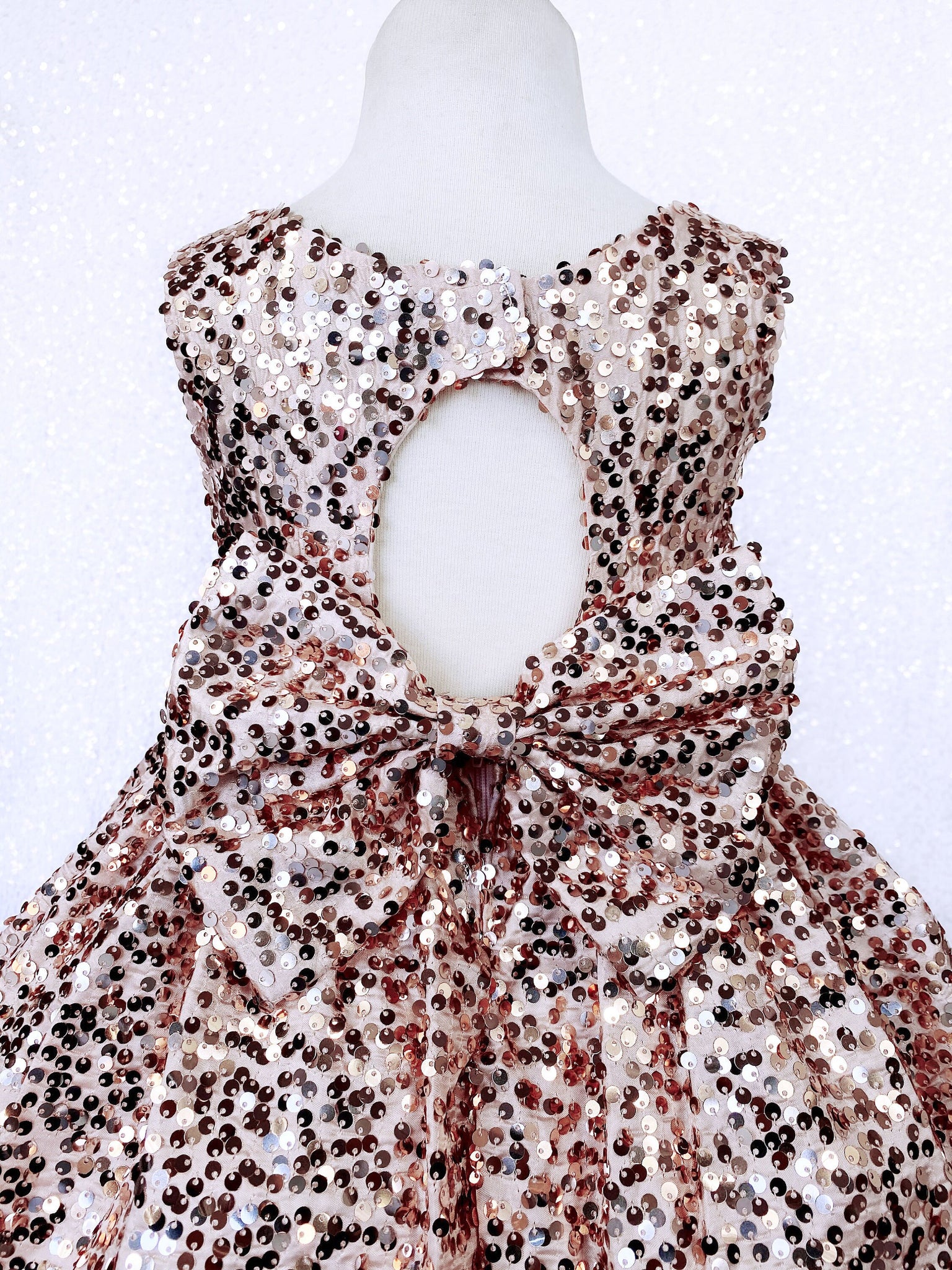 Open Back Keyhole Sleeveless Rose Gold Full Sequin Blush Bow Gown