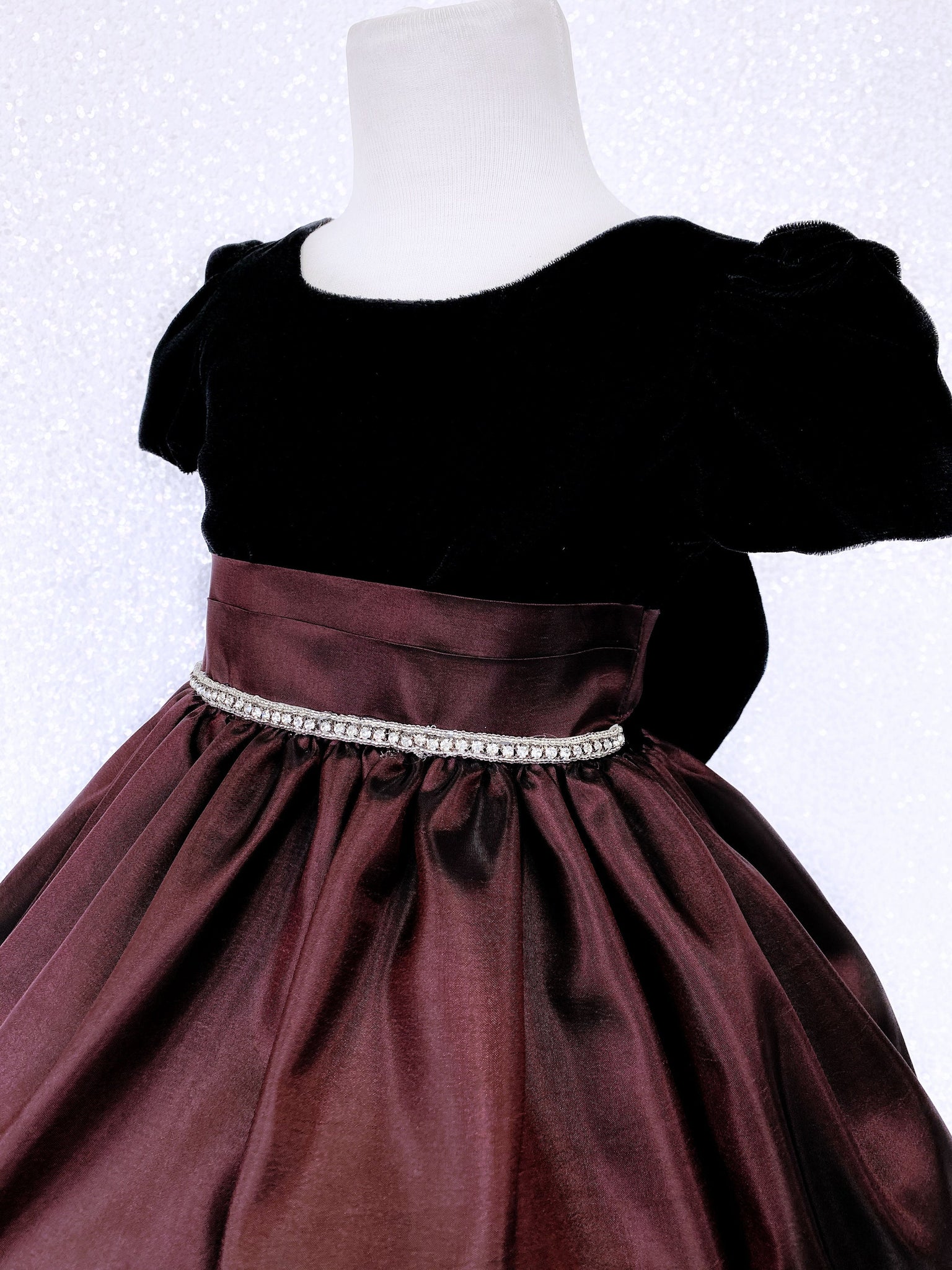 Short Sleeve Velvet Black Burgundy Taffeta Dress