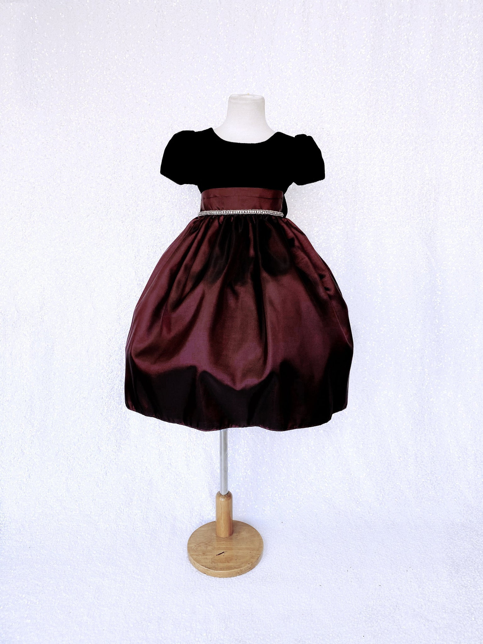 Short Sleeve Velvet Black Burgundy Taffeta Dress