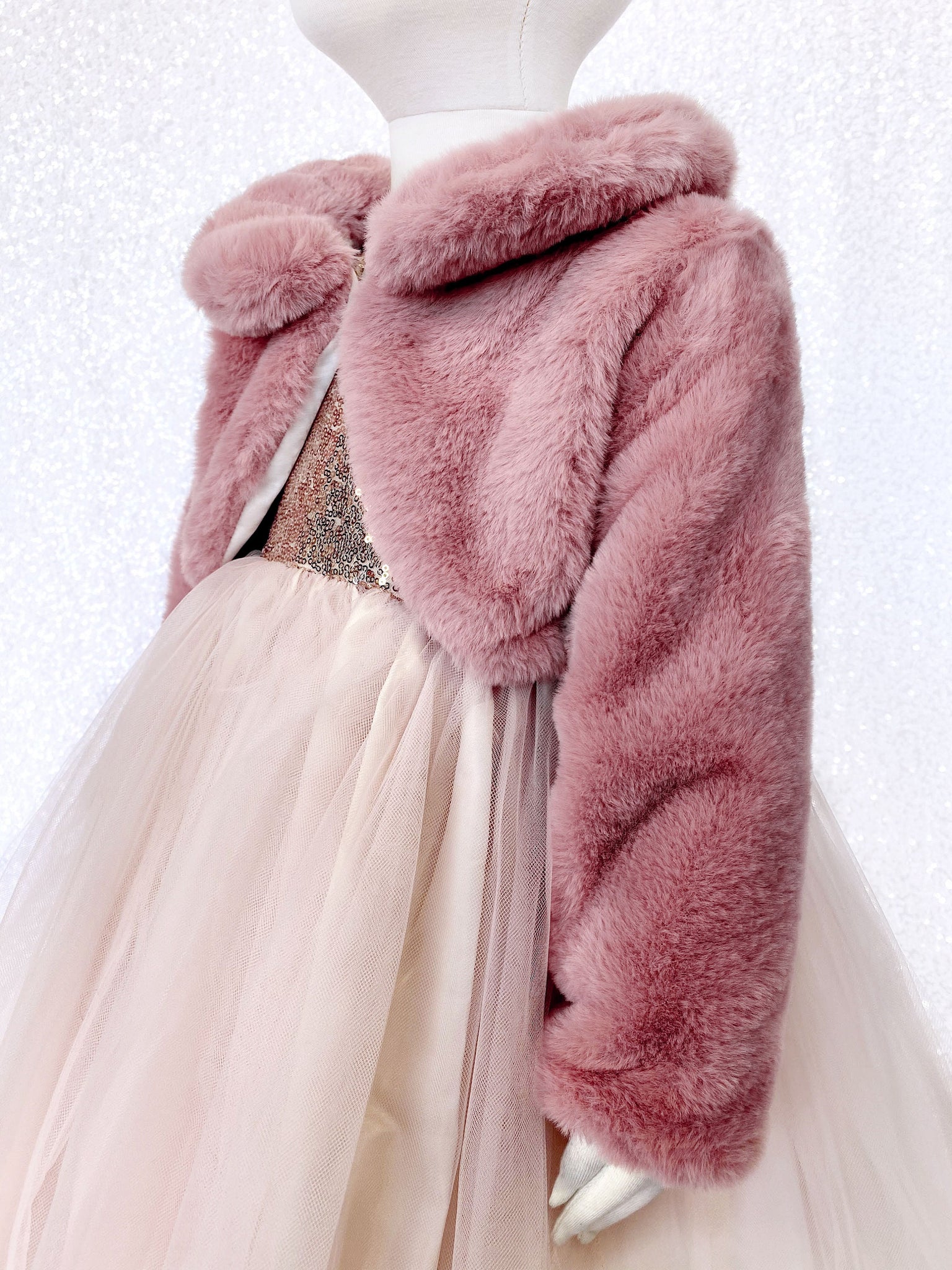 Faux Fur Dusty Rose Pink Long Sleeve Kid Jacket Open Front Collar Coat