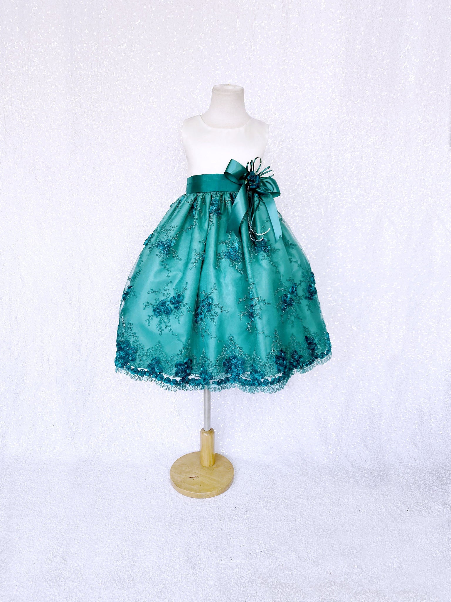 Sleeveless Ivory Satin Teal Embroidery Flower Dress