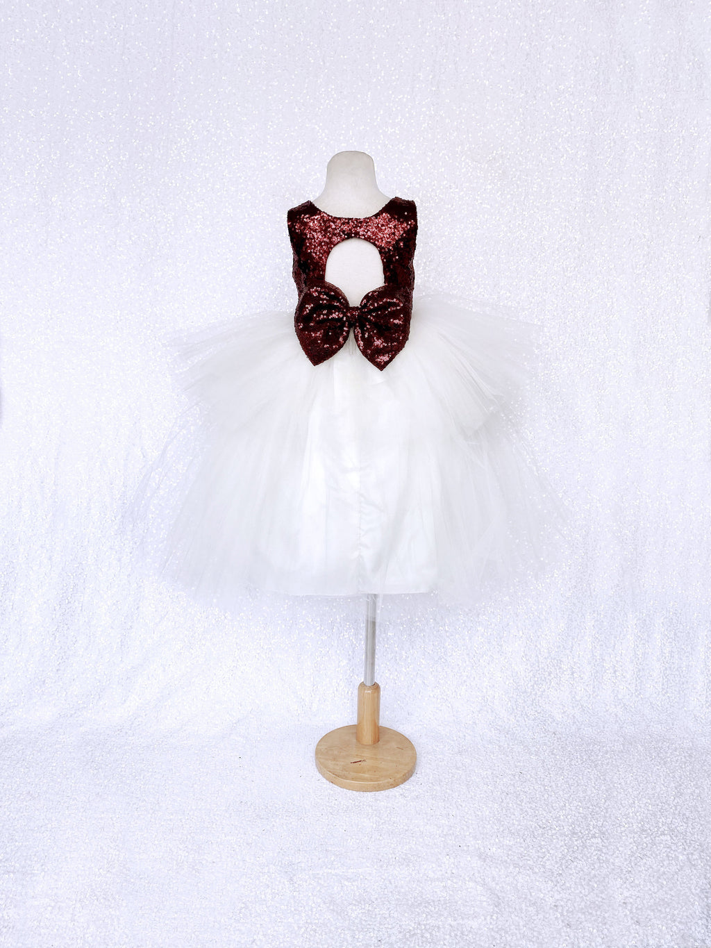 Burgundy Sequence Ivory Hi Low Tulle Dress