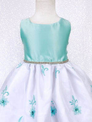 Andy Brokee Aqua Satin Floral Embroidery Rhinestone Gown