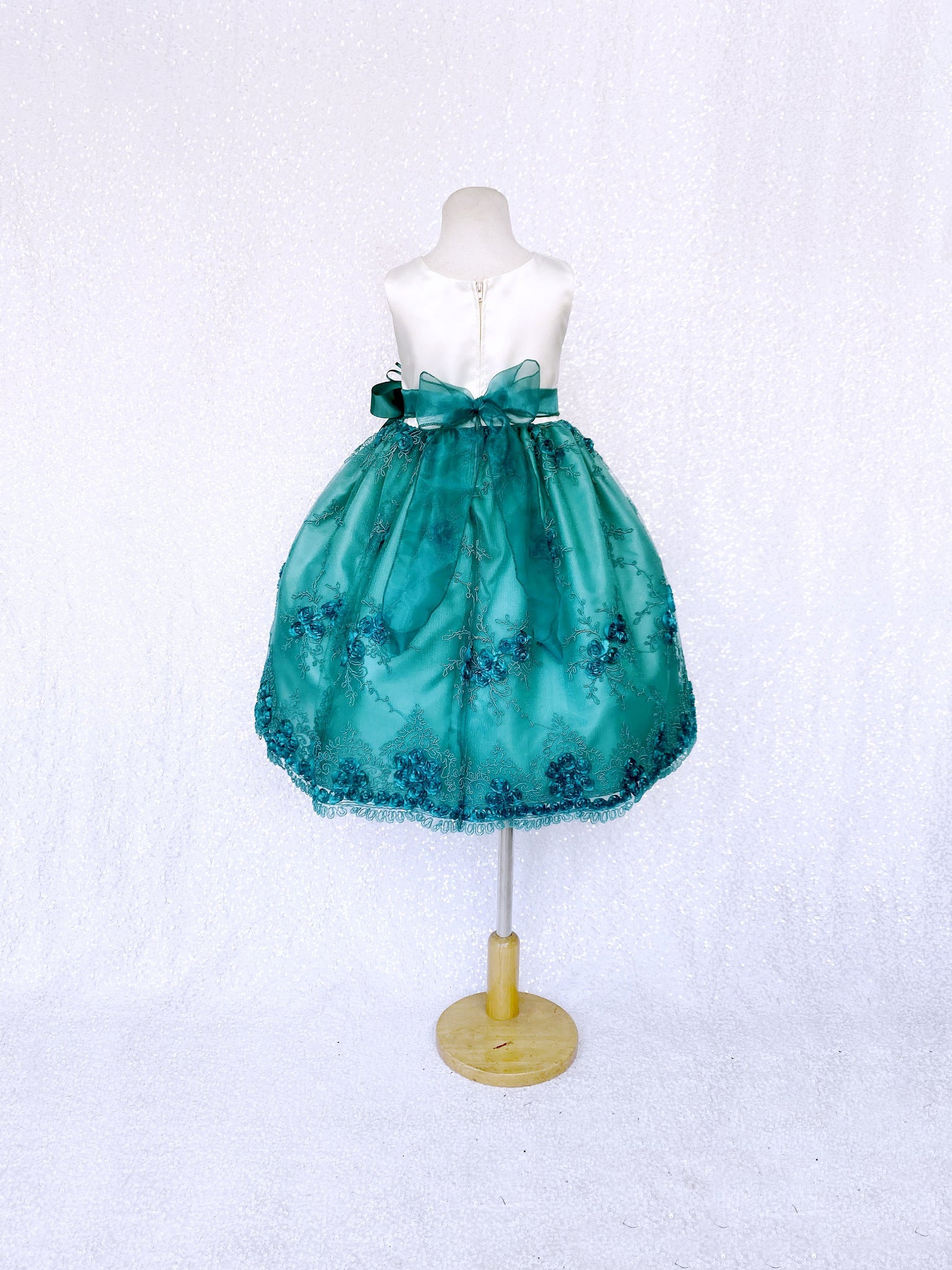 Sleeveless Ivory Satin Teal Embroidery Flower Dress