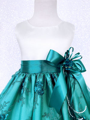 Sleeveless Ivory Satin Teal Embroidery Flower Dress