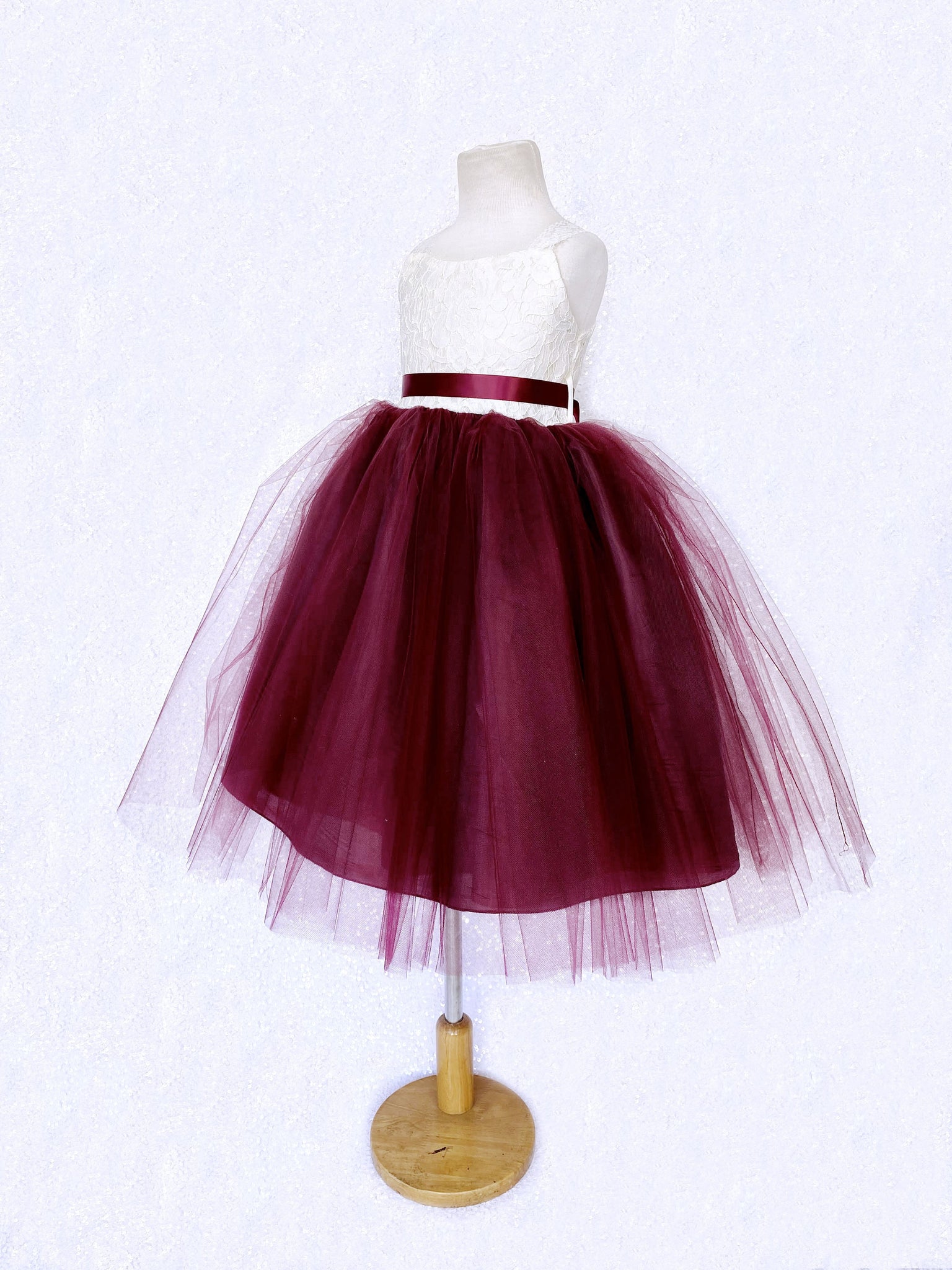 Sleeveless Ivory Lace Burgundy 2 Layer Tulle Dress