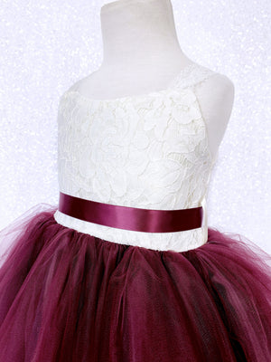 Sleeveless Ivory Lace Burgundy 2 Layer Tulle Dress