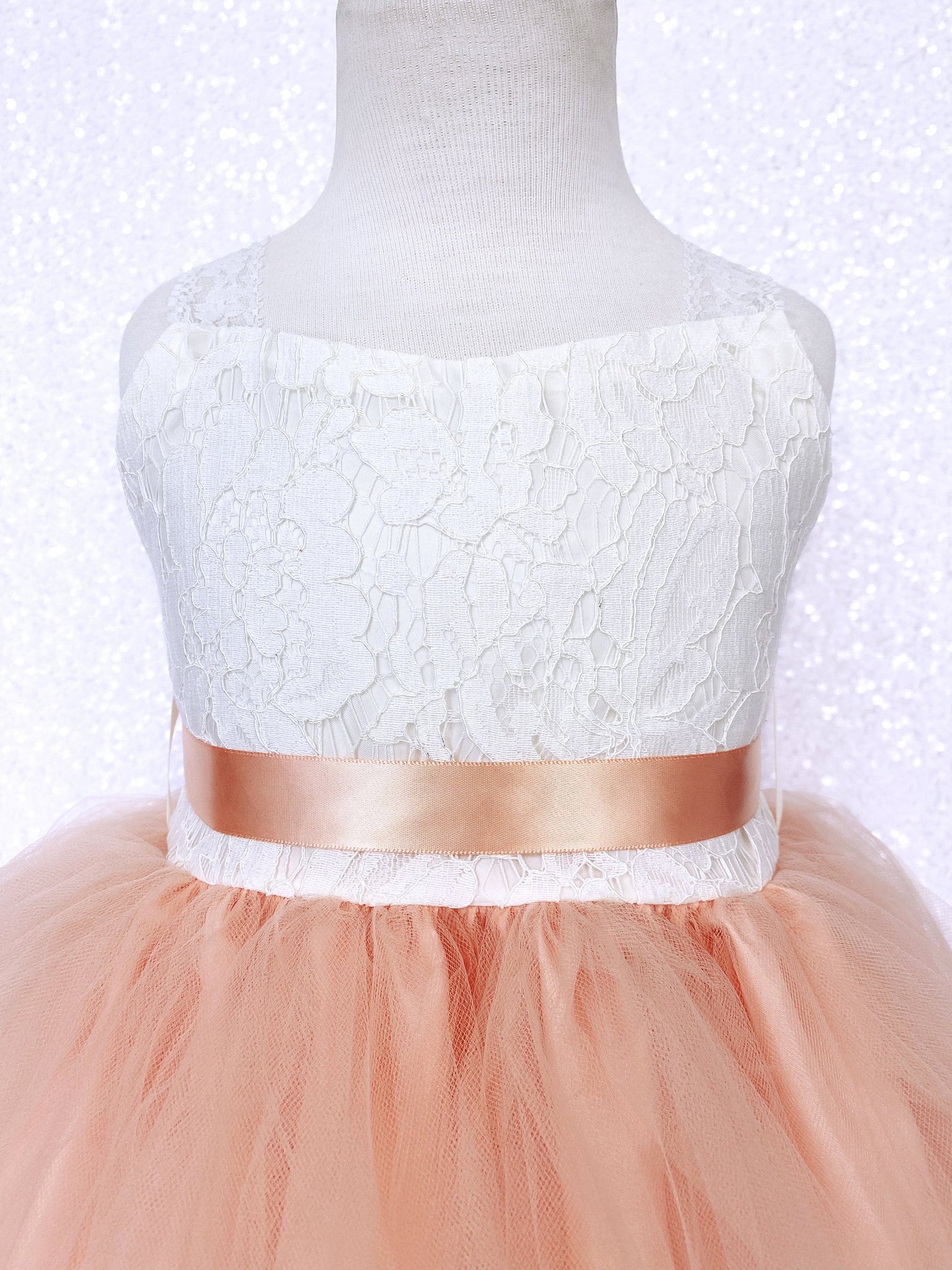 Off White Ivory Lace 2 Layer Peach Tulle Dress