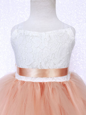 Off White Ivory Lace 2 Layer Peach Tulle Dress