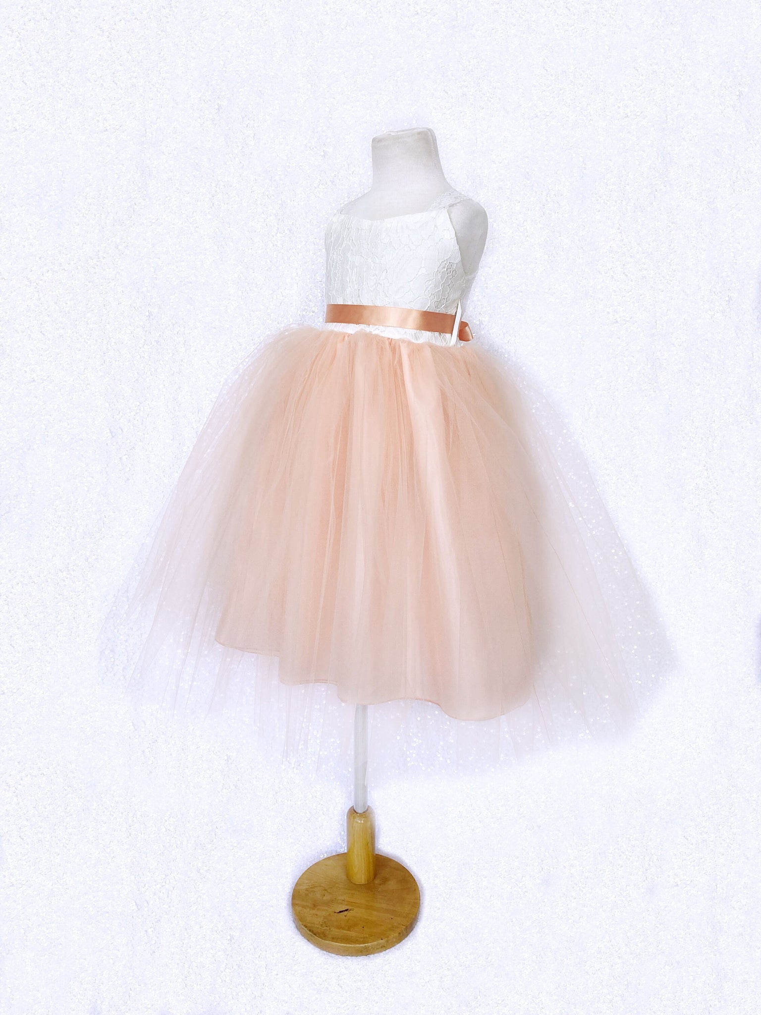 Off White Ivory Lace 2 Layer Peach Tulle Dress