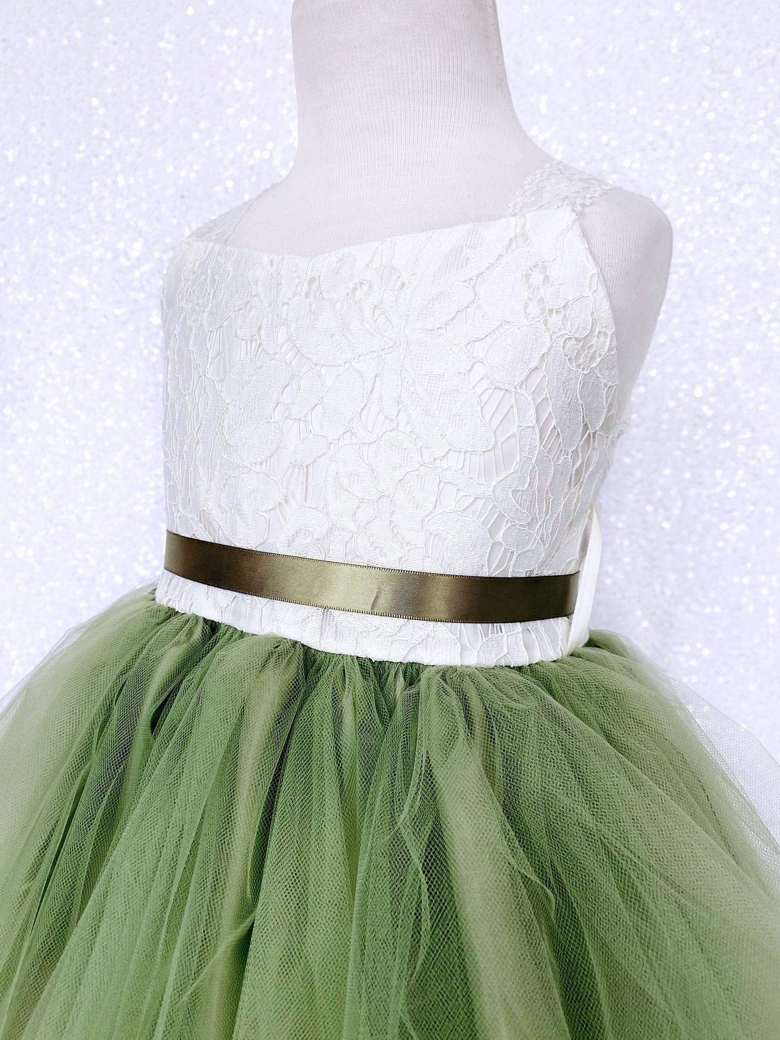 Green Sage 2 Layer Tulle Ivory Lace Gown