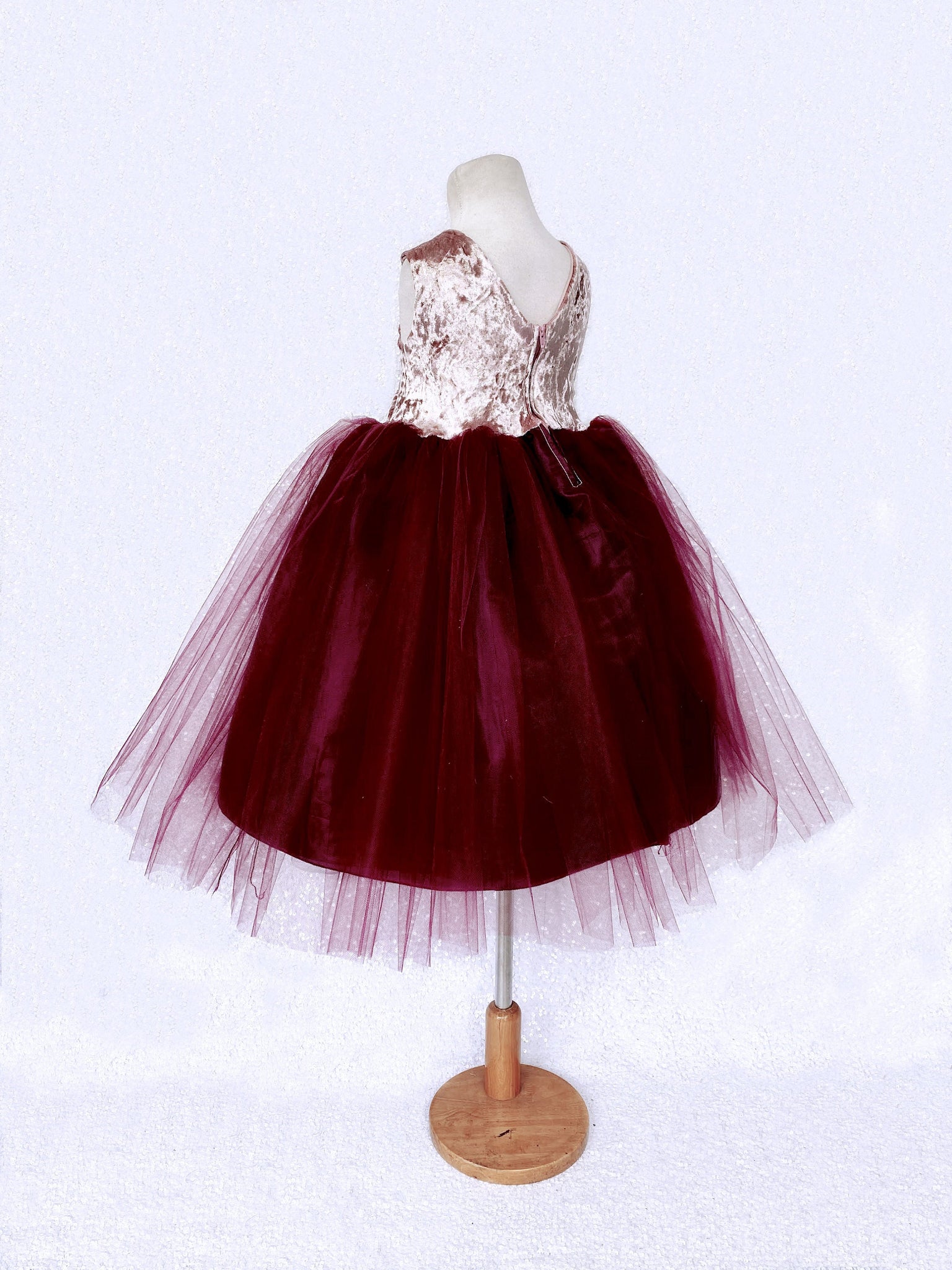 Sleeveless Rose Gold Crushed Velvet 2 Layer Burgundy Tulle V-Back Gown