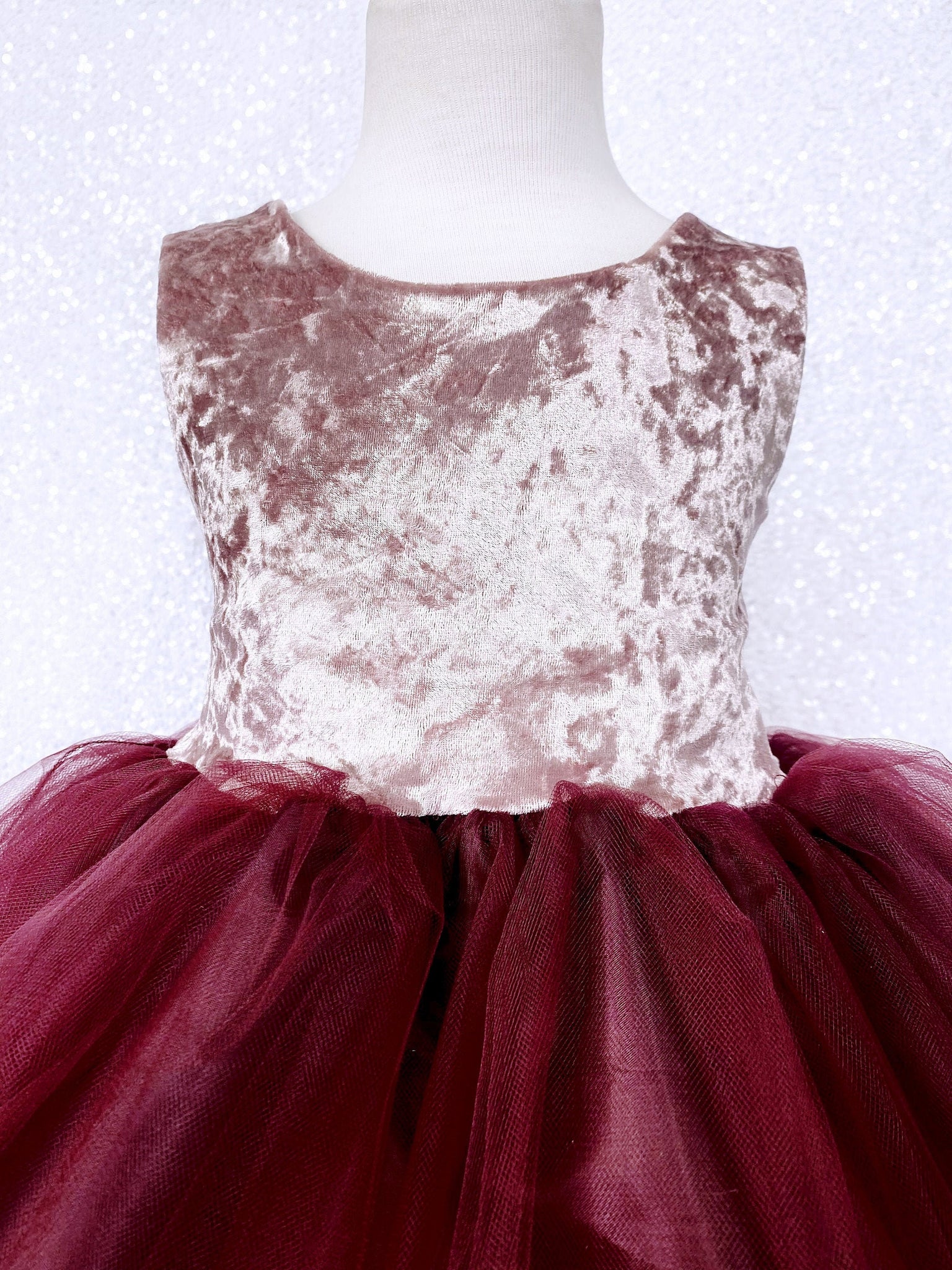 Sleeveless Rose Gold Crushed Velvet 2 Layer Burgundy Tulle V-Back Gown