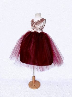 Sleeveless Rose Gold Crushed Velvet 2 Layer Burgundy Tulle V-Back Gown