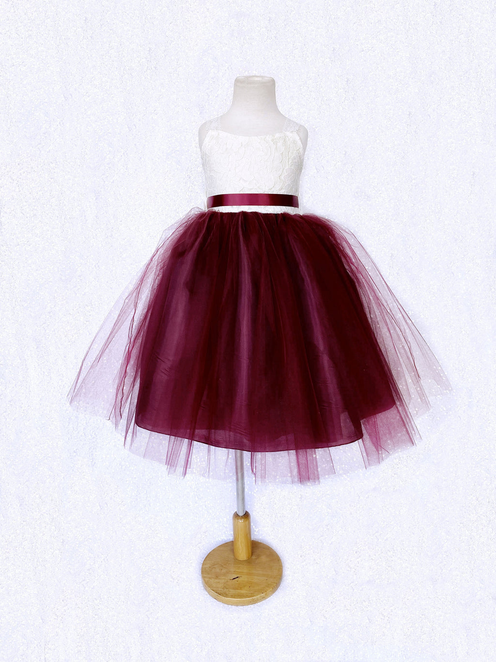 Sleeveless Ivory Lace Burgundy 2 Layer Tulle Dress