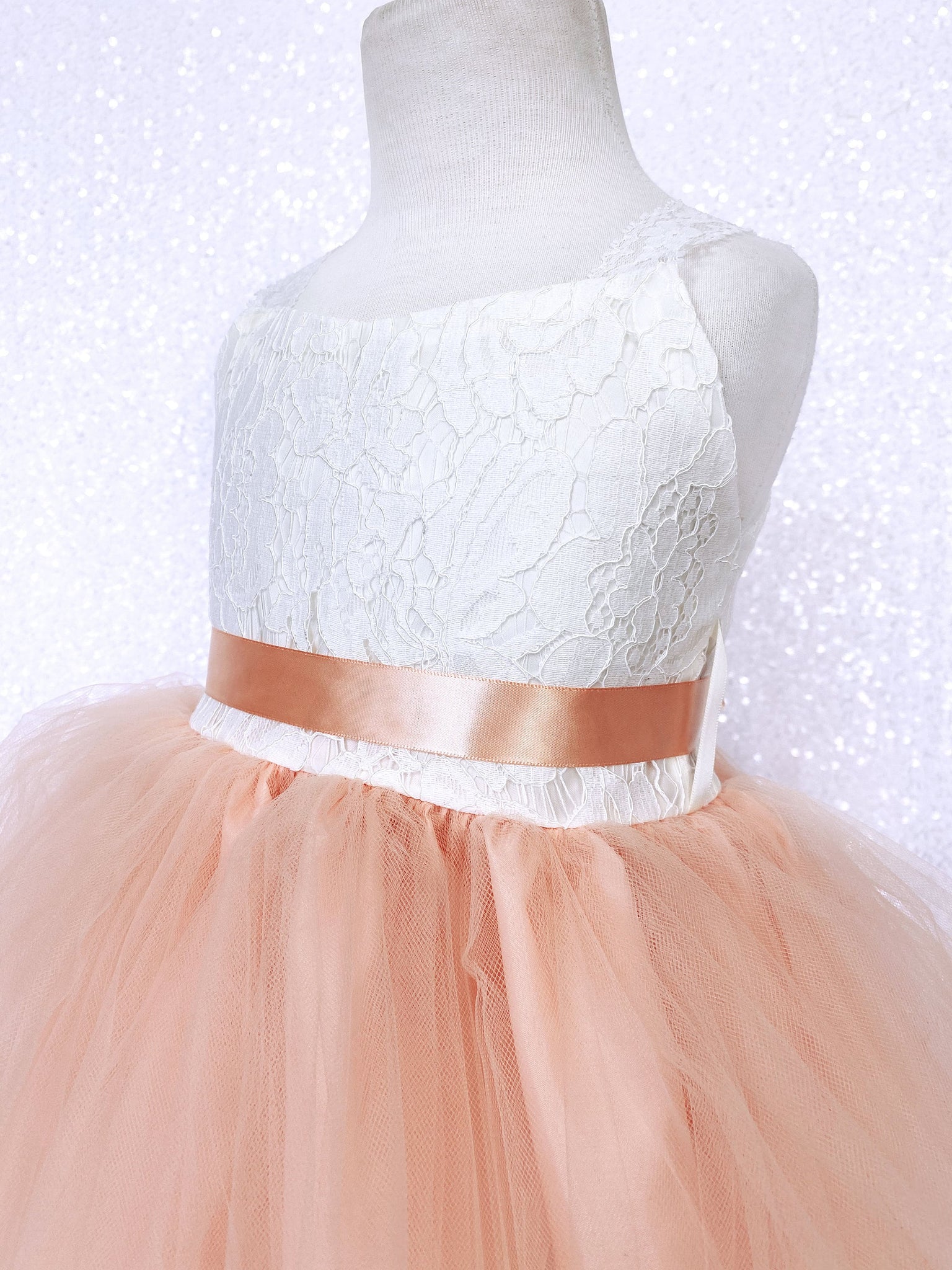 Off White Ivory Lace 2 Layer Peach Tulle Dress