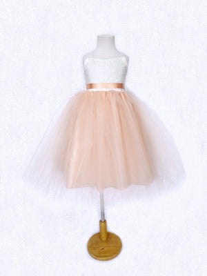 Off White Ivory Lace 2 Layer Peach Tulle Dress