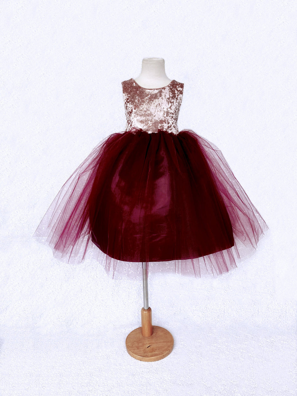 Sleeveless Rose Gold Crushed Velvet 2 Layer Burgundy Tulle V-Back Gown