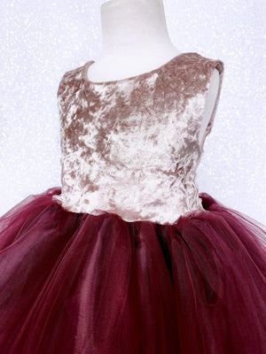 Sleeveless Rose Gold Crushed Velvet 2 Layer Burgundy Tulle V-Back Gown