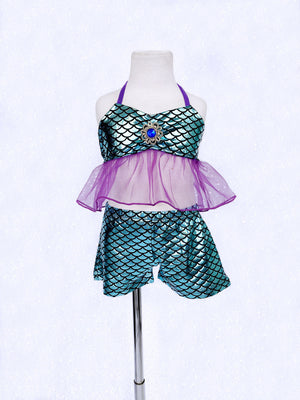 Kid Teal Purple Mermaid 3 Piece Swimsuit Shorts Skirt