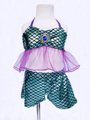 Kid Teal Purple Mermaid 3 Piece Swimsuit Shorts Skirt