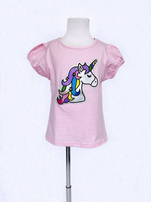 Unicorn Short Sleeve Girl's Shirt Pink Casual Wear