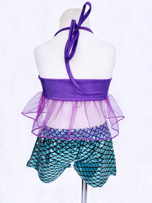 Kid Teal Purple Mermaid 3 Piece Swimsuit Shorts Skirt