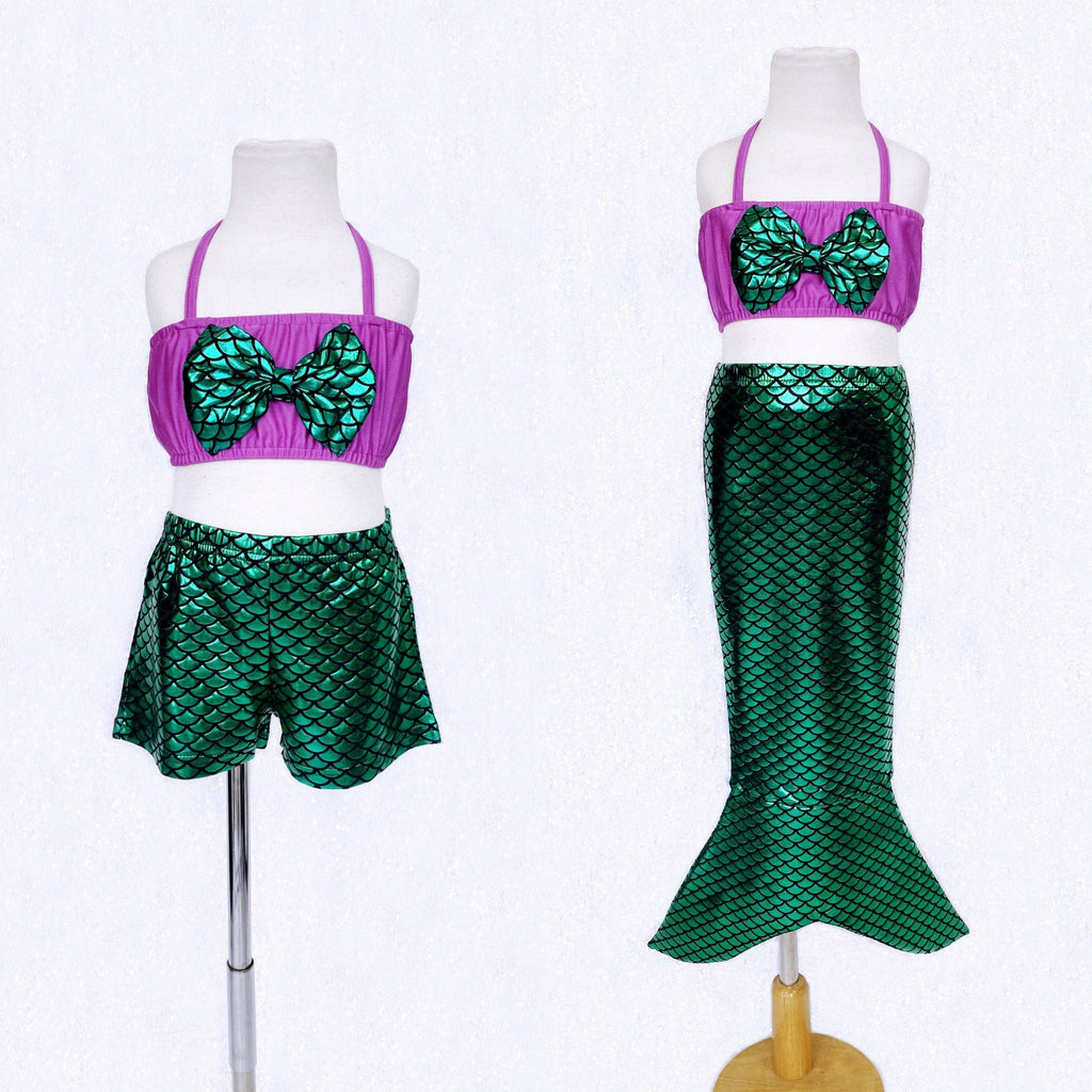 Mermaid Purple Green Girl 3 Piece Swimsuit