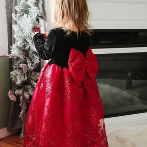 Black Velvet Long Sleeve Red Embroidery Bow Dress